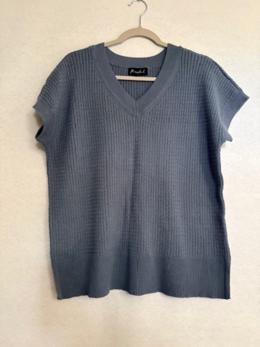 Marled Cap Sleeve V-Neck Dusty Blue Sweater XL Lightweight Ribbed EUC